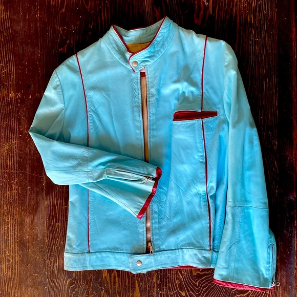 Soft Italian leather amazing turquoise blue biker jacket with oxblood trim. - Picture 8 of 9